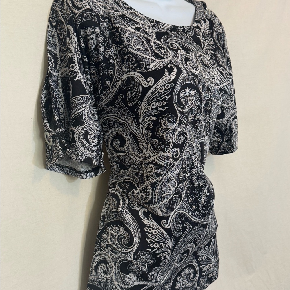F-98 Cato Black & White Cold Shoulder High Low Short Sleeve Blouse Size S‎ - Picture 5 of 15